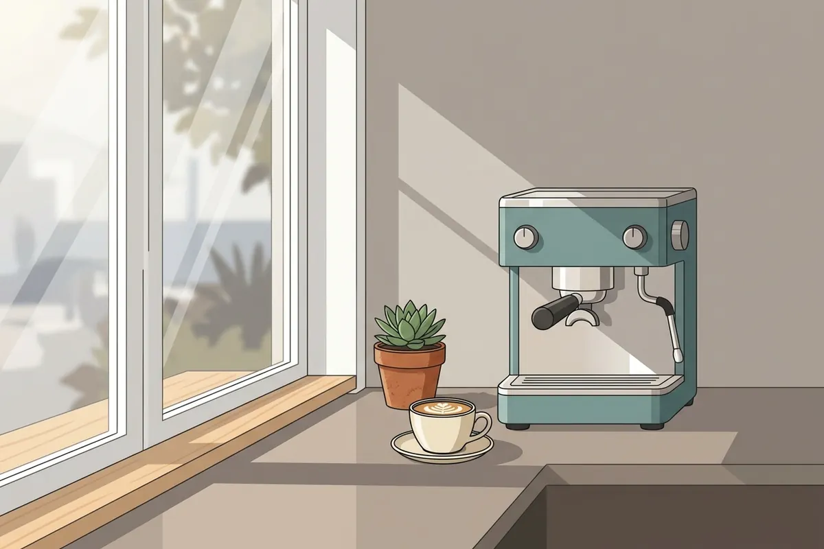 Illustration of a sunny cafe window with an espresso machine and a flat white