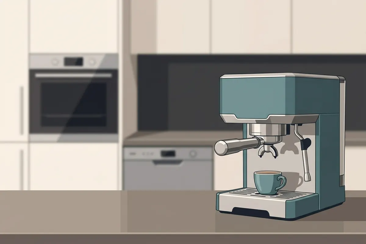 Illustration of a tidy kitchen counter with an espresso machine, with a dishwasher and oven behind it